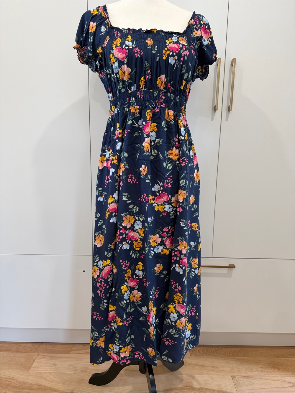 APRICOT Navy Floral Smocked Maxi Dress with Pink & Yellow Blooms